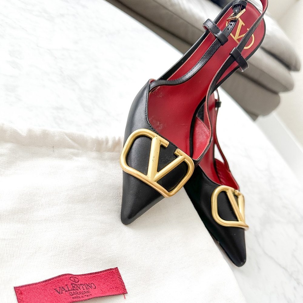 COPY - Black leather sling back heels Valentino Garavani Vlogo. Pointed toe pum…